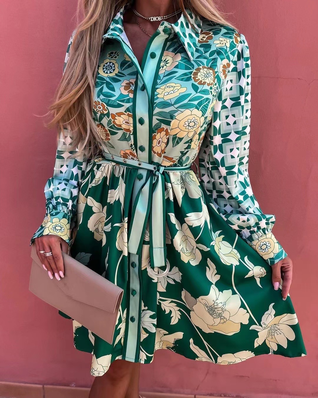 Spring Summer Floral Print Strappy Button Shirt Dress Women 2022 Long Sleeve A-line Elegant Midi Party Casual Dresses For Ladies alx