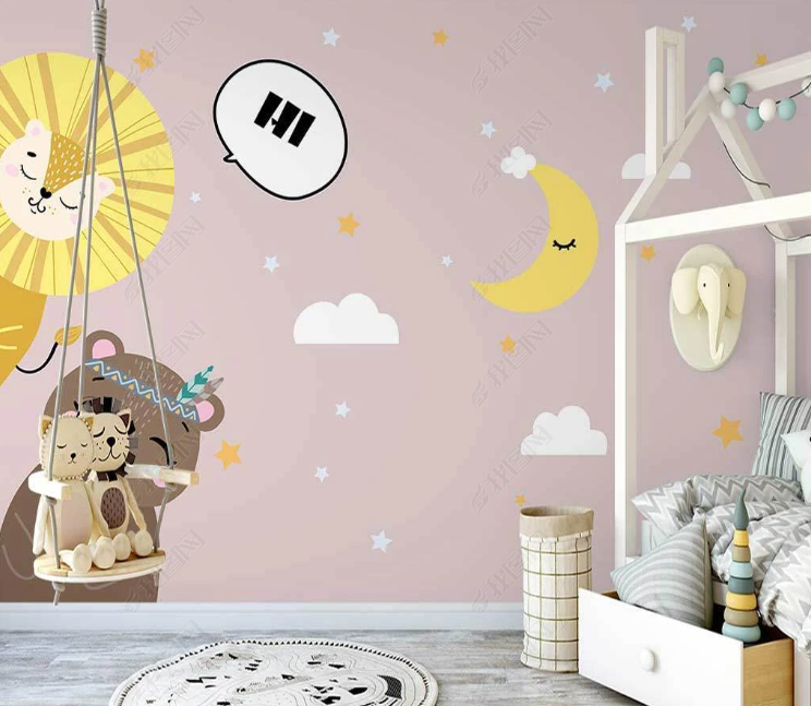 3D Cartoon Animal Lion Moon Wall Mural Wallpaper Lqh 354