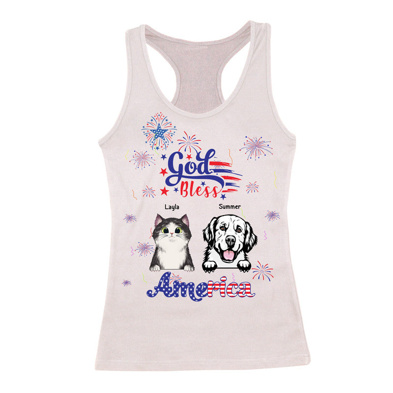 (Custom Personalised) 4Th Of July – God Bless Usa Women Racerback Tank Pets With Fireworks – White Lt8