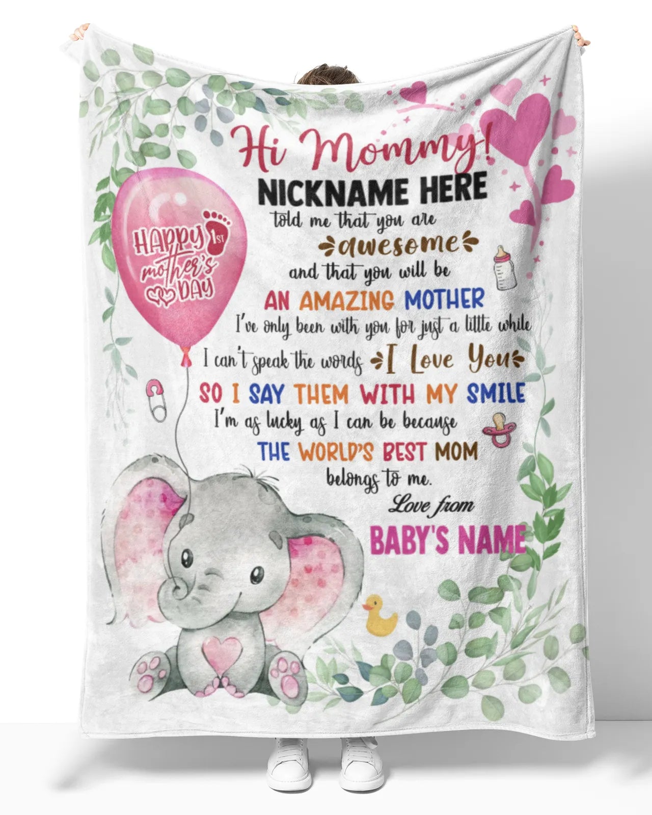 Personalized Printed Blanket Little Elephant With Pink Balloon – Mothers Day Gift, Happy 1St Mothers Day Blanket, Cute Elephant Blanket