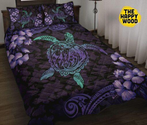 Turtle Purple Flowers Style Beauty Quilt Bed Set And Pillow Covers