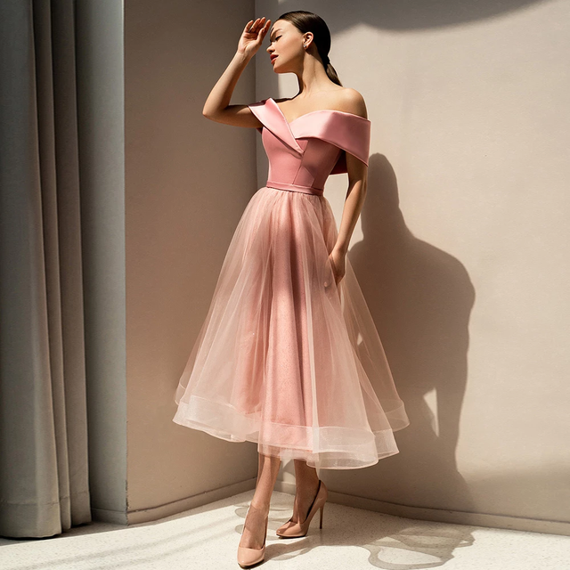 Vinca Sunny Strapless Pink Tulle Evening Dresses Off the Shoulder Prom Gown for Women Tea Length Party Dress Robe De Soirée alx