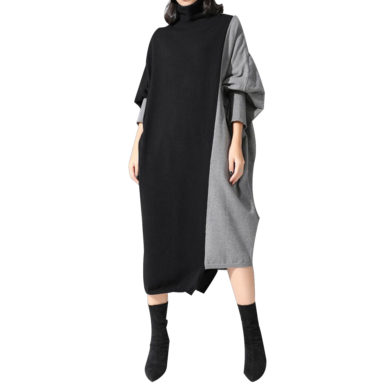 Women Korean Style Spliced Knitted Midi Dress Autumn Fashion Turtleneck Long Sleeve Oversized Dresses All-Match Elegant Female alx