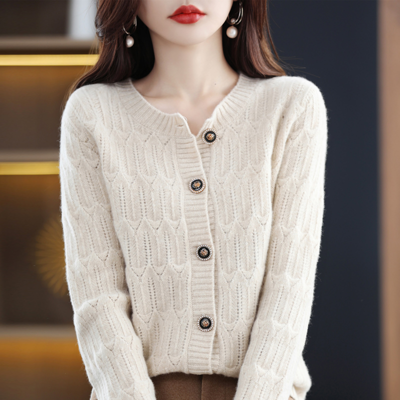 100% Wool Knitted Cardigan Women’s Autumn And Winter Hollow Round Neck Long-Sleeved Sweater Fashion Warm Small Fragrance Top alx