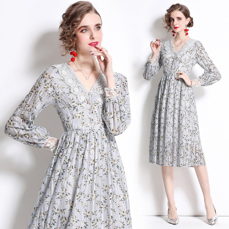 WTIANYUW 2022 Autumn Women Print Lace Patchwork V Neck Long Sleeve Runway Vintage Elegant High Waist Flower Holiday Dress alx