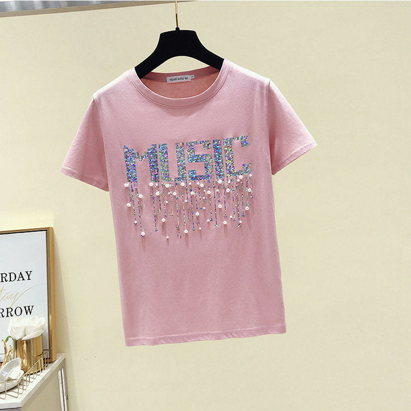 Summer Short Sleeve Beading Letter T shirt Women Pink Cotton T-Shirt Girls Tops Black Tee Shirt Korean Fashion Casual New 2021 alx