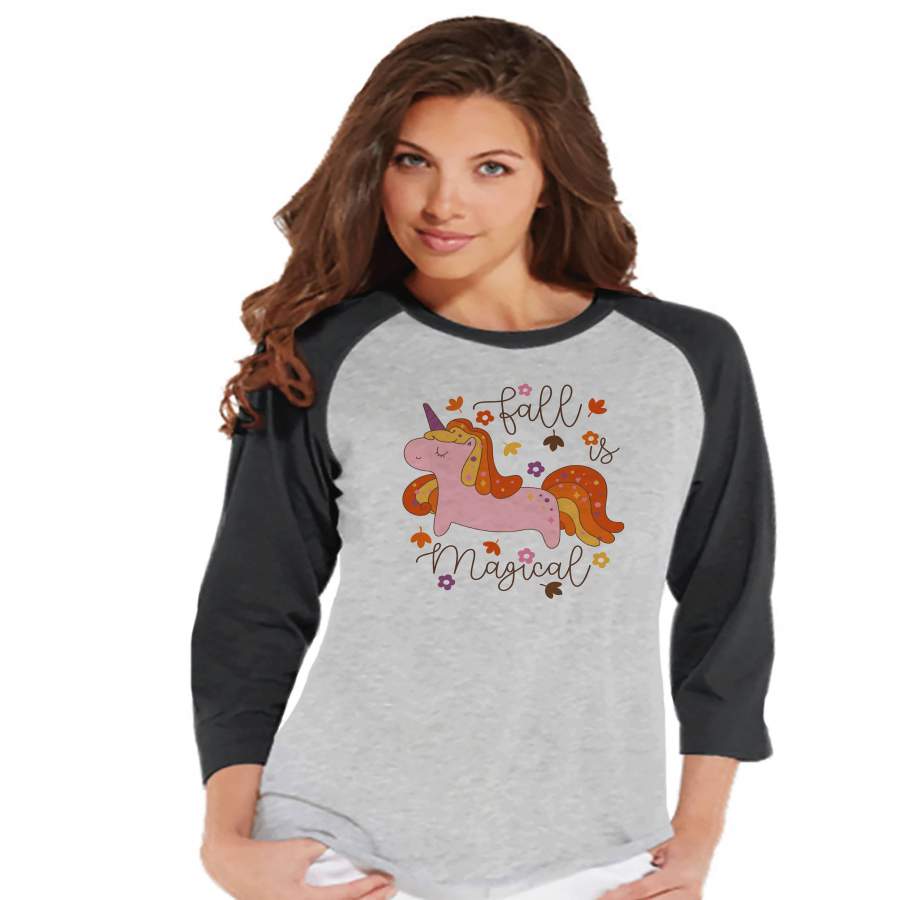 Women’s Unicorn Shirt – Fall is Magical – Autumn Unicorn T-shirt – Womens Grey Raglan Tee – Cute Fall Unicorn Shirt – Gift for Her