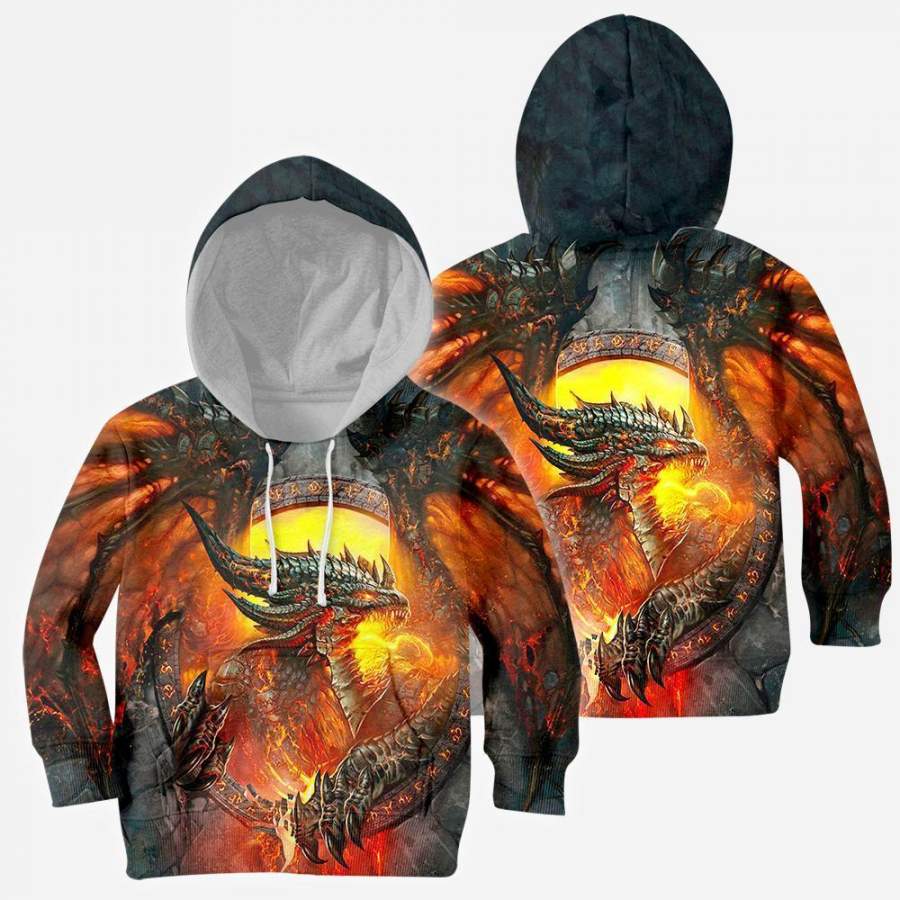 3D All Over Fire Dragon Kids Hoodie