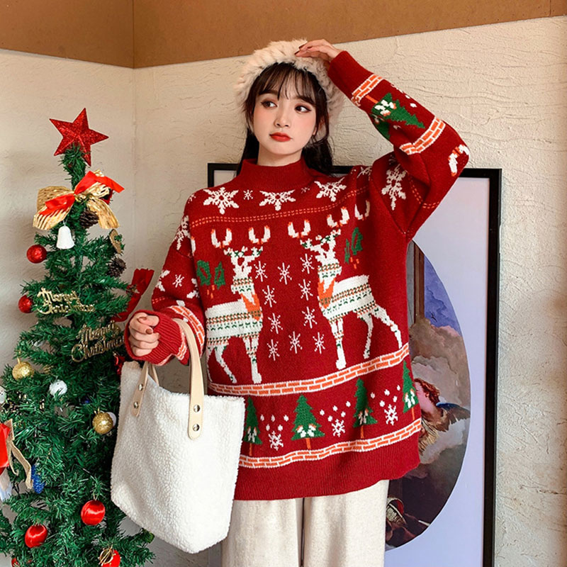 Sweater Women Christmas Half Turtleneck Red Pullover Knitwear Loose Top Trending Sweater Autumn and Winter Elk Christmas Tree alx