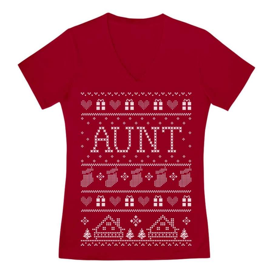 Aunt Ugly Christmas Sweater V-Neck Fitted Women T-Shirt