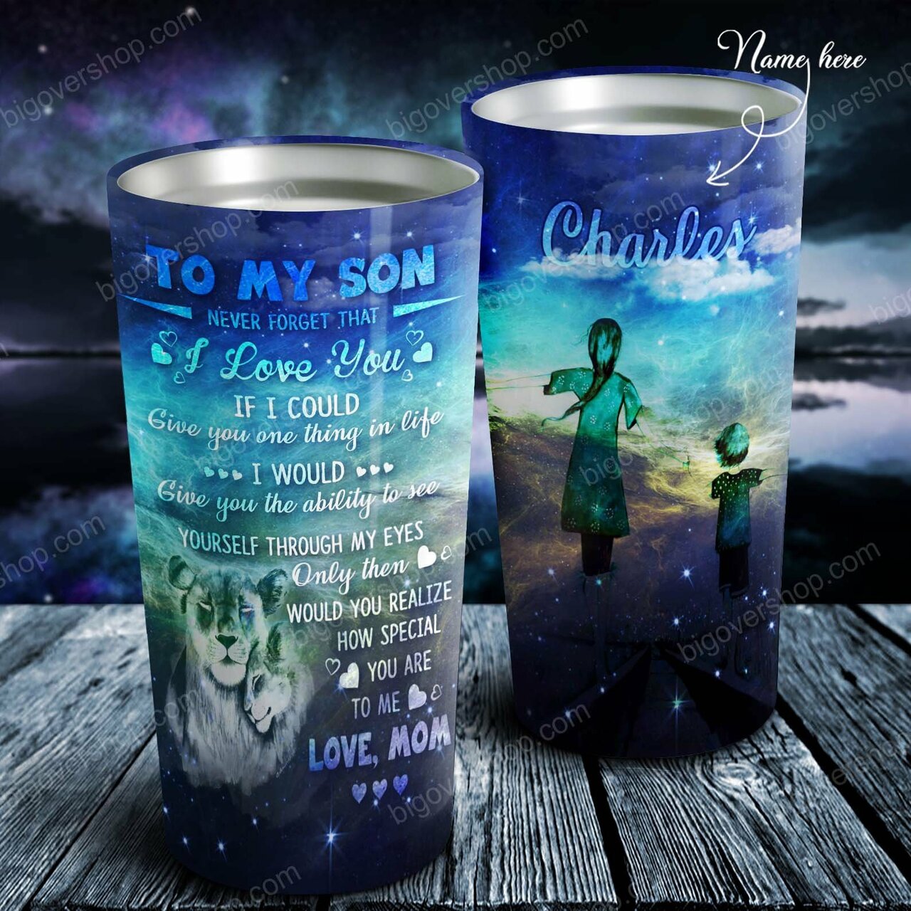 To My Son – Galaxy Lion – Personalized Stainless Steel Tumbler Customize Name, Text, Number