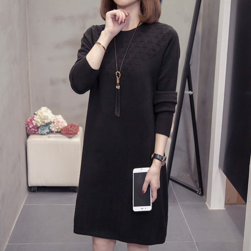 Women Autumn Winter O-Neck Knitted Sweaters Female Fashion Straight Dresses Ladies Causal Warm Pullover Dress Plus Size Vestidos alx