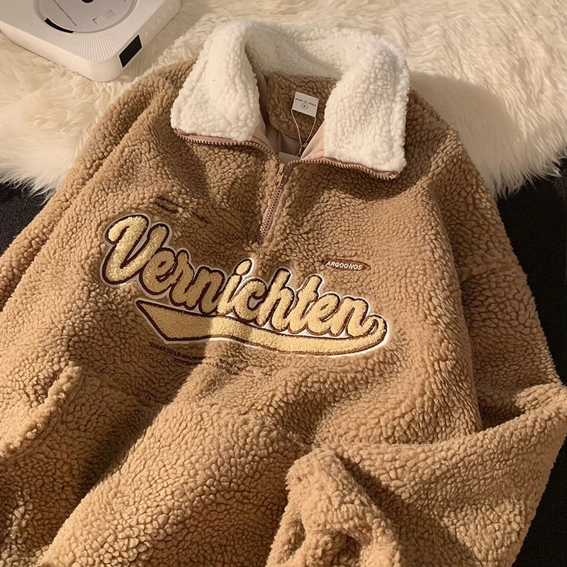 Vintage Lamb Wool Sweatshirt Winter Letter Embroidery Hoodies Punk Style Warm Fleece Oversized Baseball Women Coat Streetwear alx