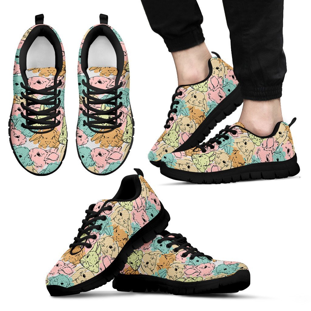 Rabbit Bunny Pattern Print Black Sneaker Shoes For Men Women