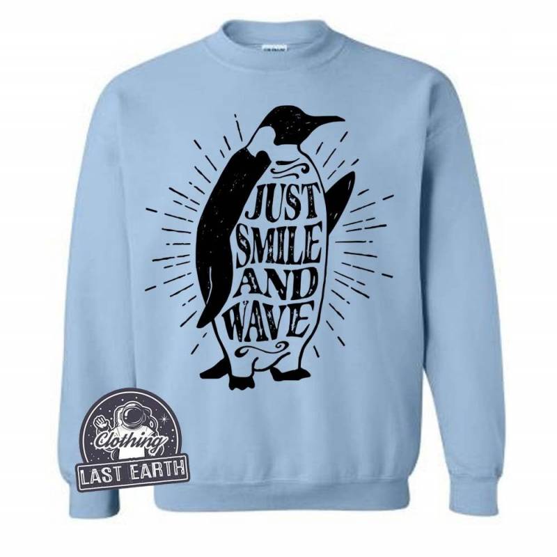 Crushtee Penguin Sweater, Penguin Gift, Smile and Wave, Mens, Womens, Kids Sweatshirts, Funny Sweater, Warm Fleece Sweater, Animal Prints Long Sleeve Hoodie