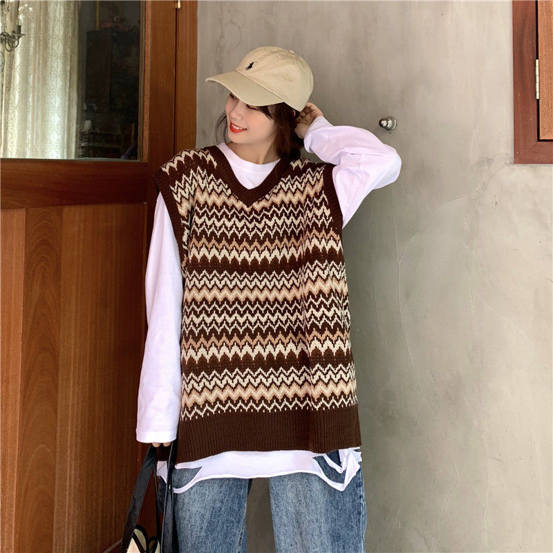 Sweater Vests Women Geometric V-neck All-match Retro Classic Casual Outerwear Stylish Korean Harajuku Stylish Streetwear Chic alx