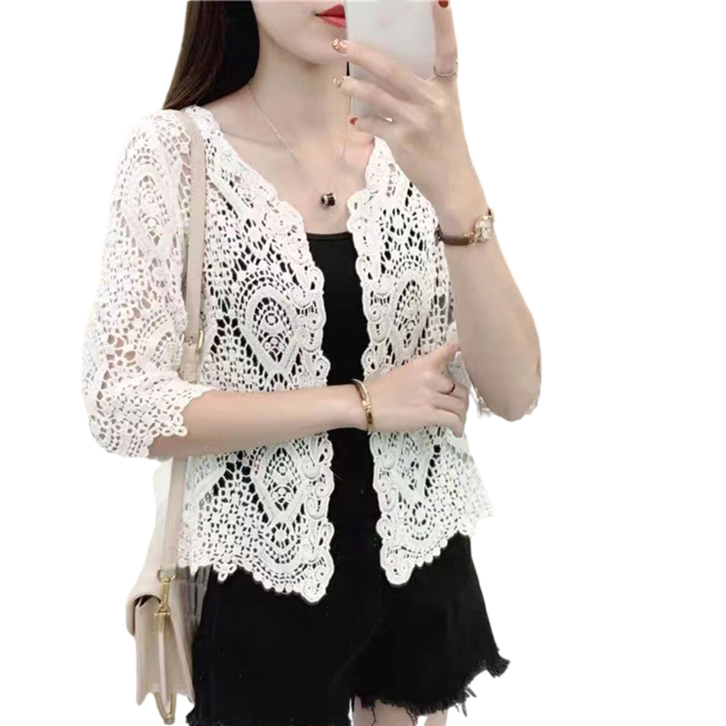 Women Knit Lace Shrug Hollow Crochet Floral 3/4 Sleeve Open Front Crop Cardigan F3MD alx