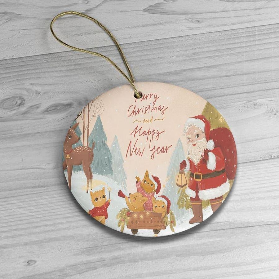 Santa Claus And Christmas Animals Ornament, Merry Christmas, Animal Lovers Ornament