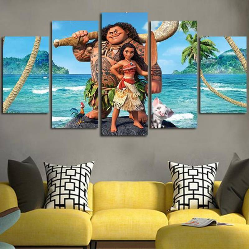 5 Panel Moana Maui Pua And Hei Hei Wall Art Canvas