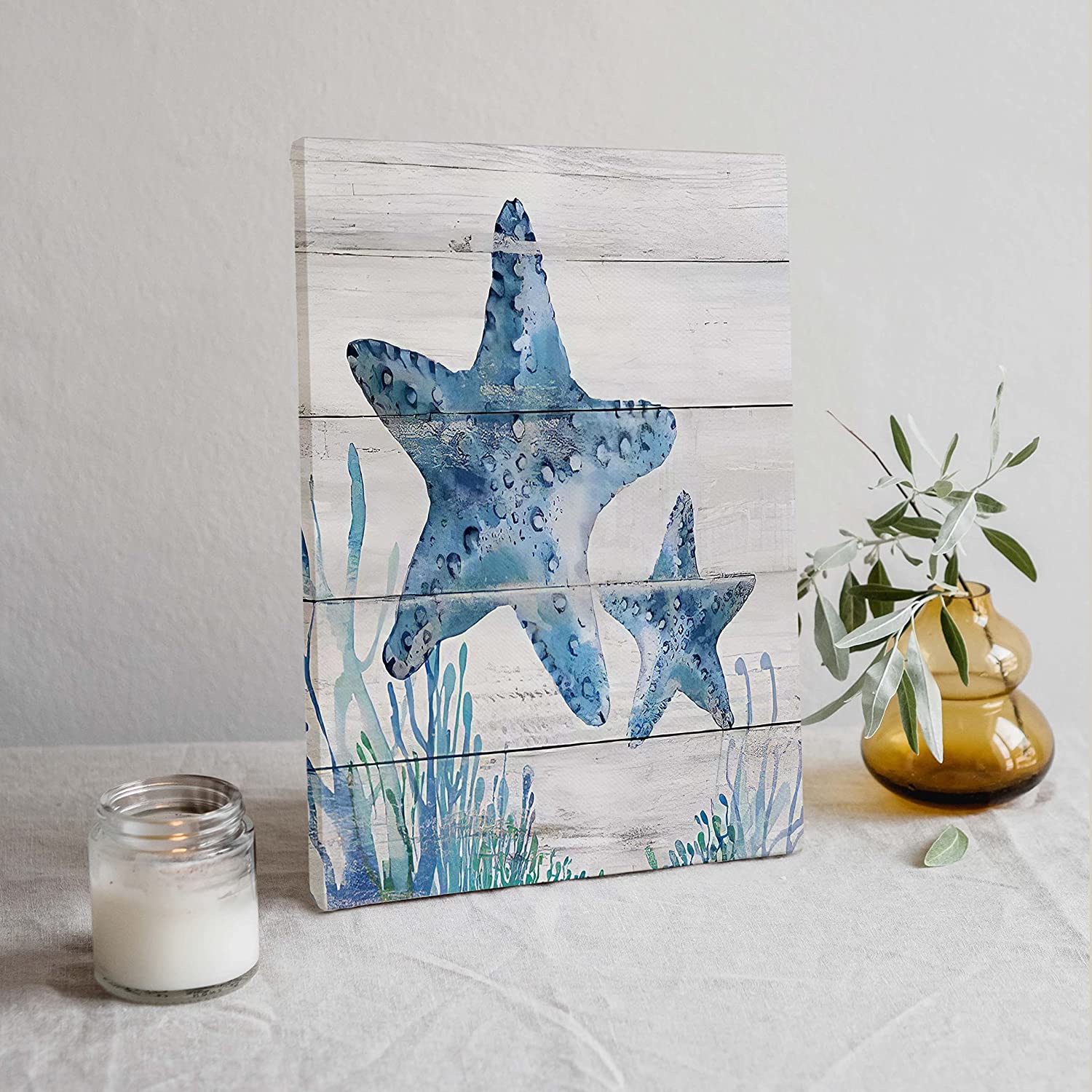 Beach Ocean Starfish Canvas Wall Art Prints, Summer Starfish Vintage Wood Textured Paintings Prints, House Home Decorations