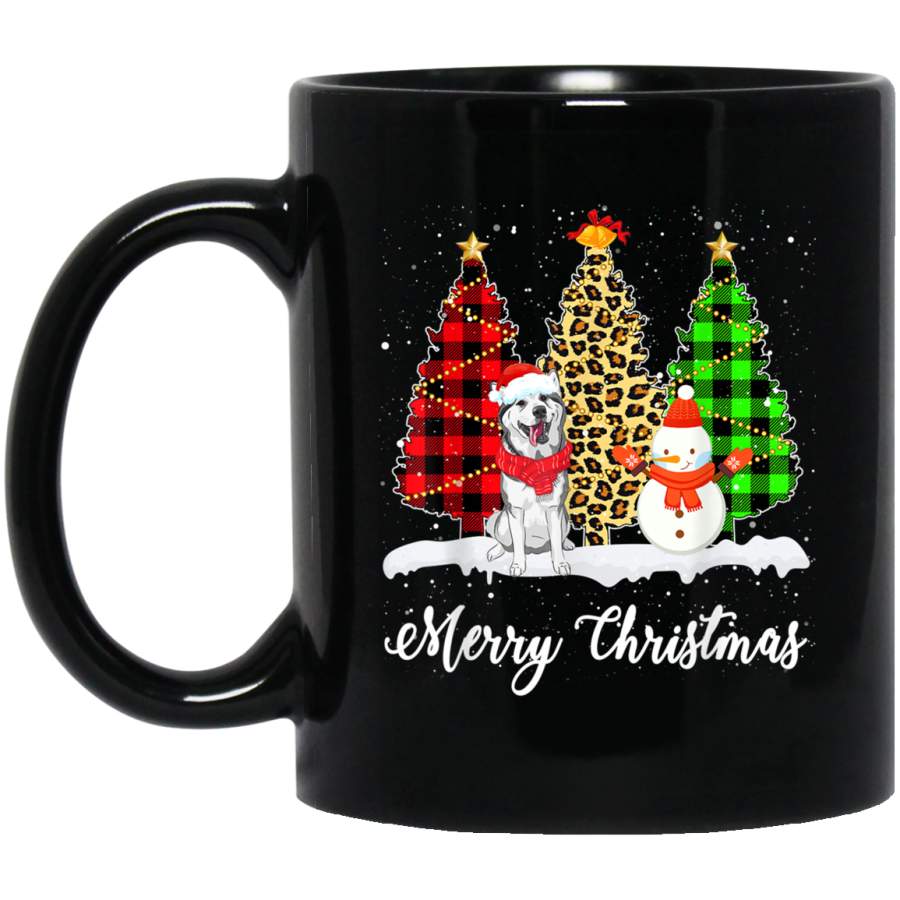 Siberian Husky Christmas Tree Leopard Buffalo Plaid Gifts  11 oz 15 oz Mug Black