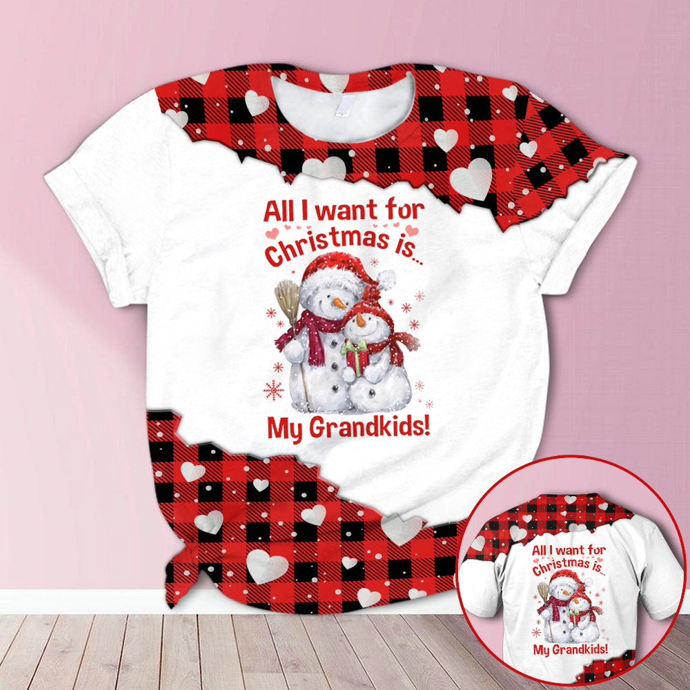 All I Want For Christmas Is My Grandkids Snowman Red Plaid All Over Print Shirts, 3D Shirt For Grandma Hn98 Do99