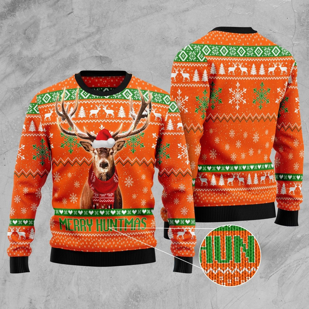 Unifinz Hunting Ugly Christmas Sweater Merry Huntmas Deer Christmas Pattern Orange Sweater 2022