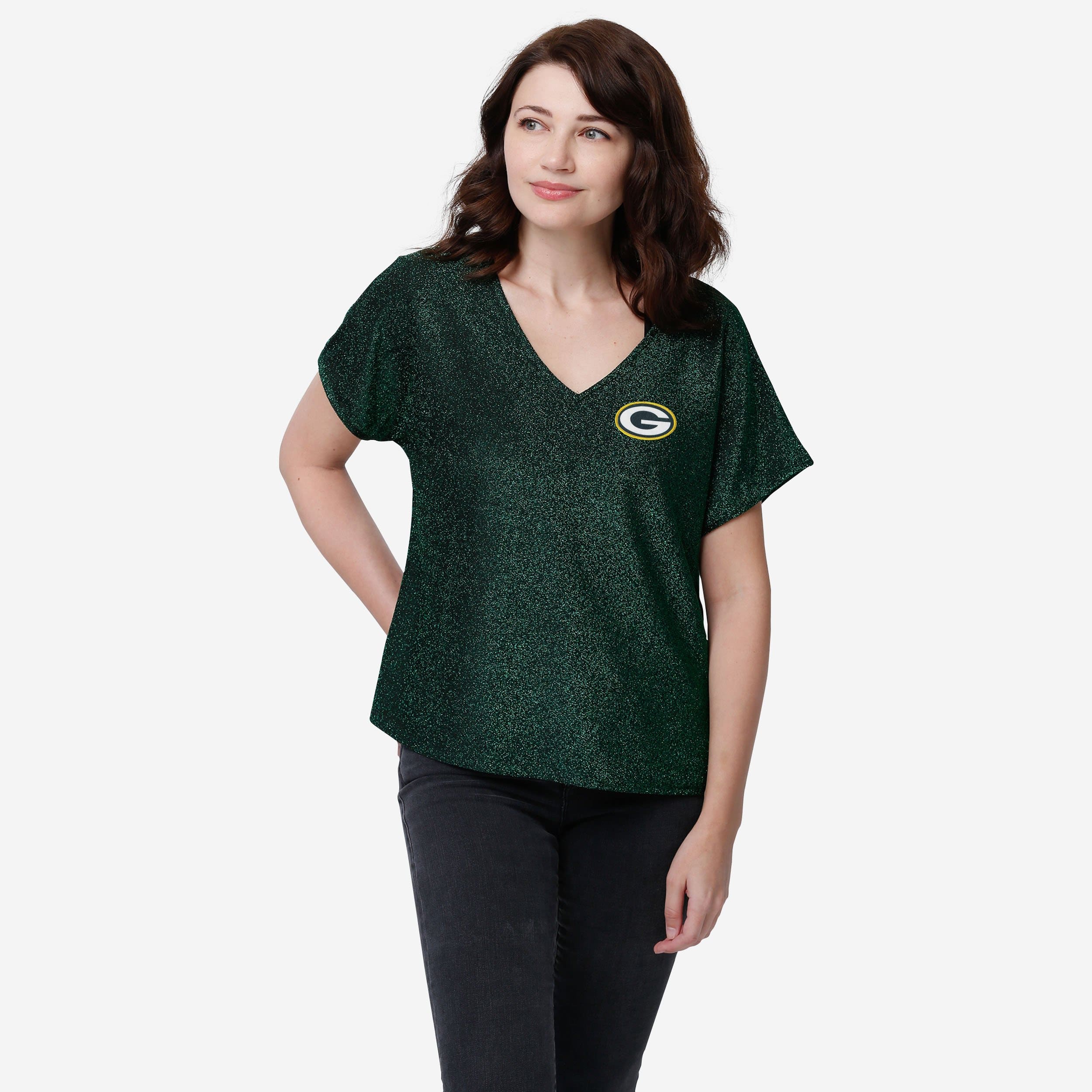 Green Bay Packers Womens Game Time Glitter V-Neck T-Shirt