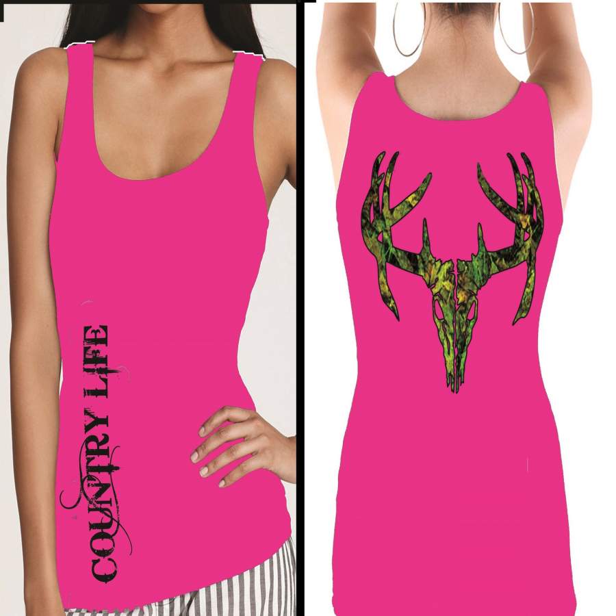 Country Life Outfitters Pink Camo Realtree Deer Skull Head Hunt Vintage Bright Fitted Tank Top Shirt