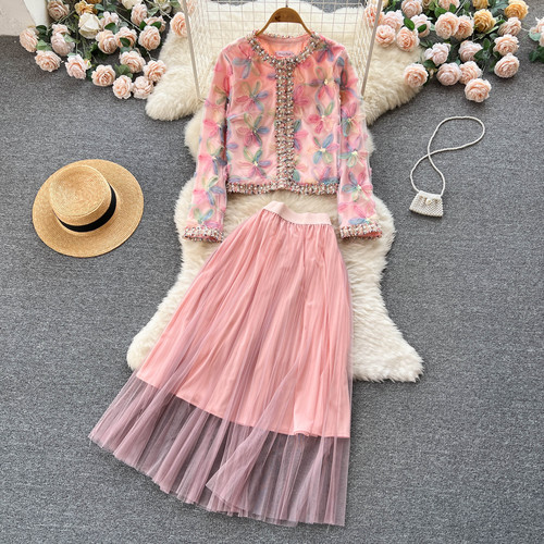 2022 Autumn and Winter New Ethnic Style Suit Women’s Sweet Flowers Pearl Cardigan Coat + Mesh Pleated Skirt Two-Piece Set alx