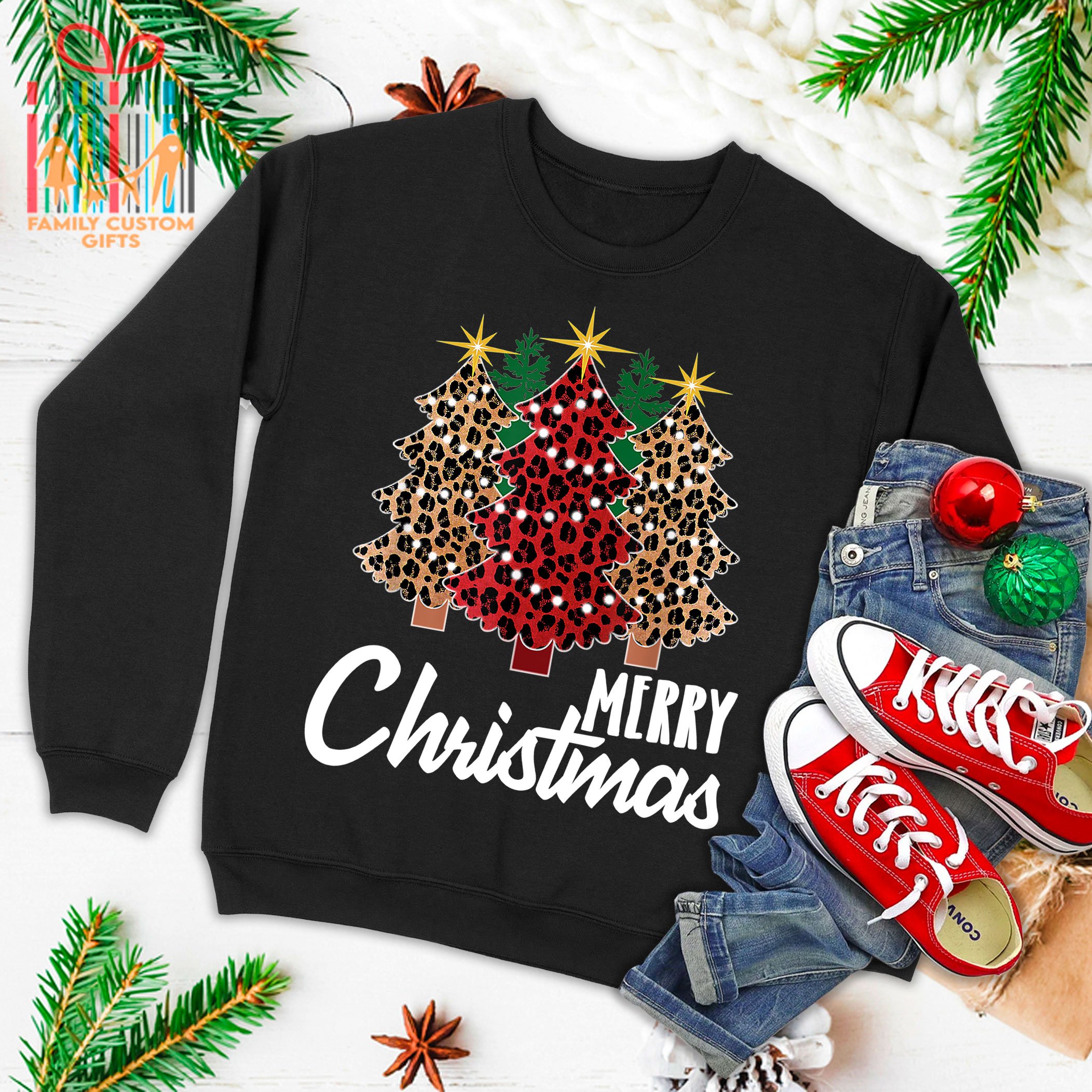 Cute Merry Christmas Leopard Print Tree Christmas Xmas Ugly Christmas Sweater T-Shirt