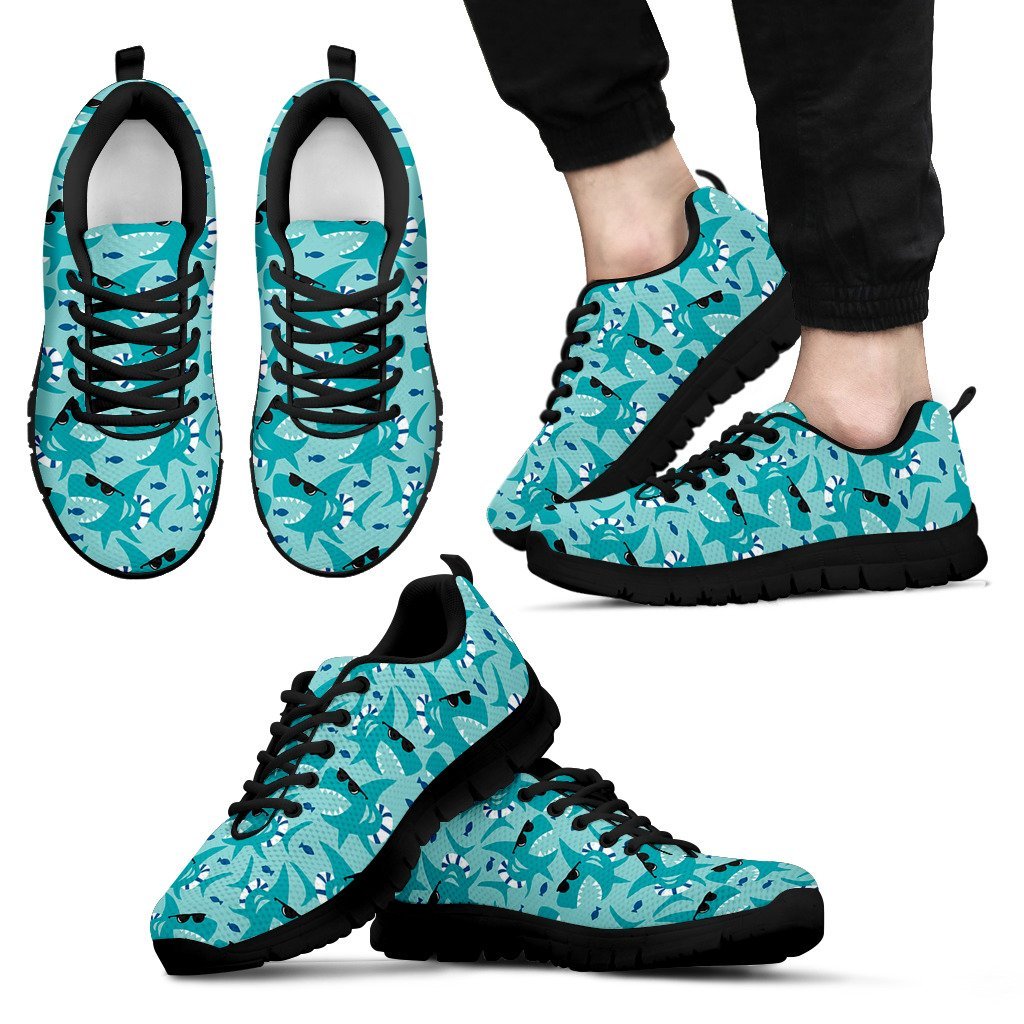 Shark Pattern Print Black Sneaker Shoes For Men Women