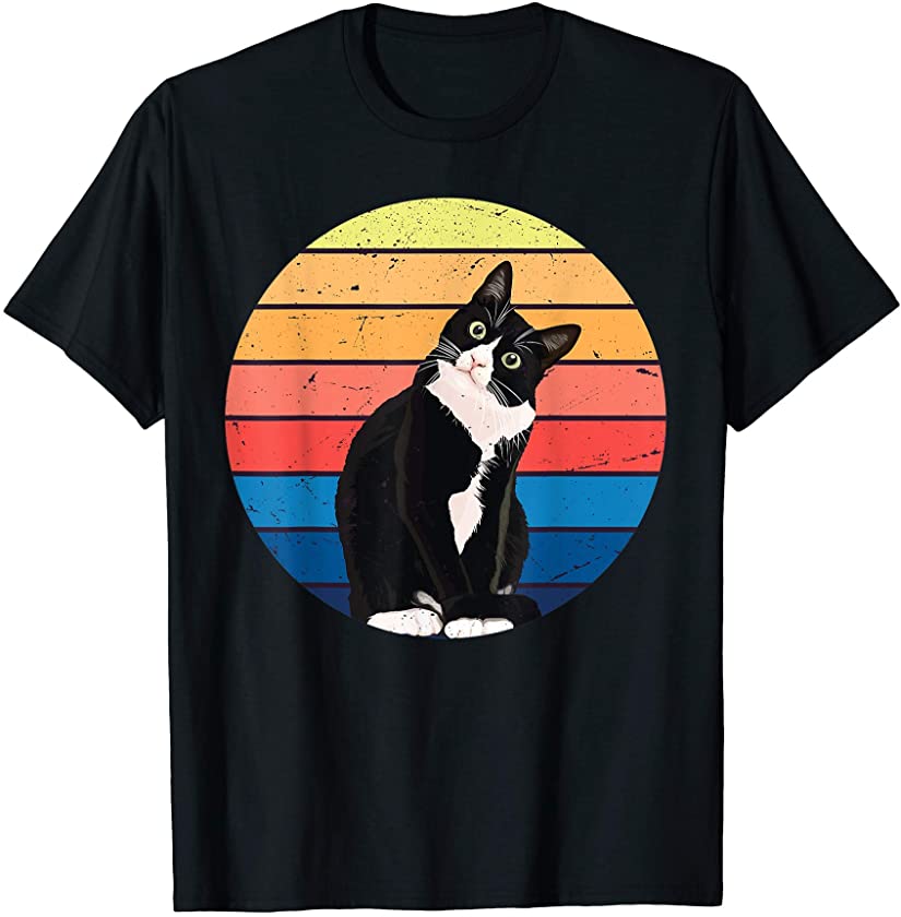 Tuxedo Cat Gift Retro Colors for Animal Lovers T-Shirt