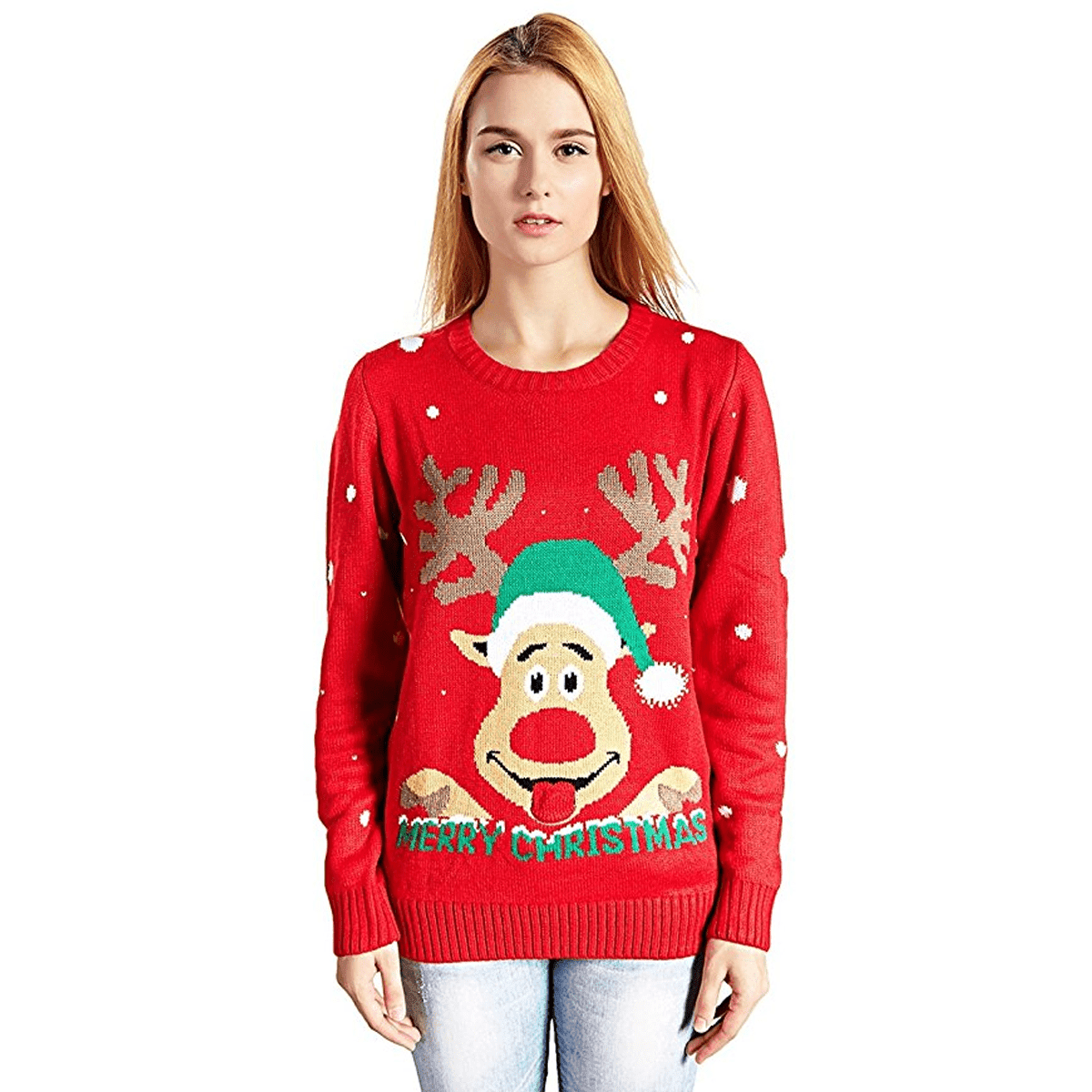 Women’s Merry Christmas Funny Face Reindeer Ugly Christmas Sweater