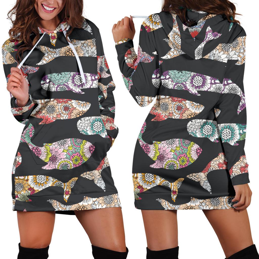 Whale Flower Tribal Pattern Women Hoodie Dress