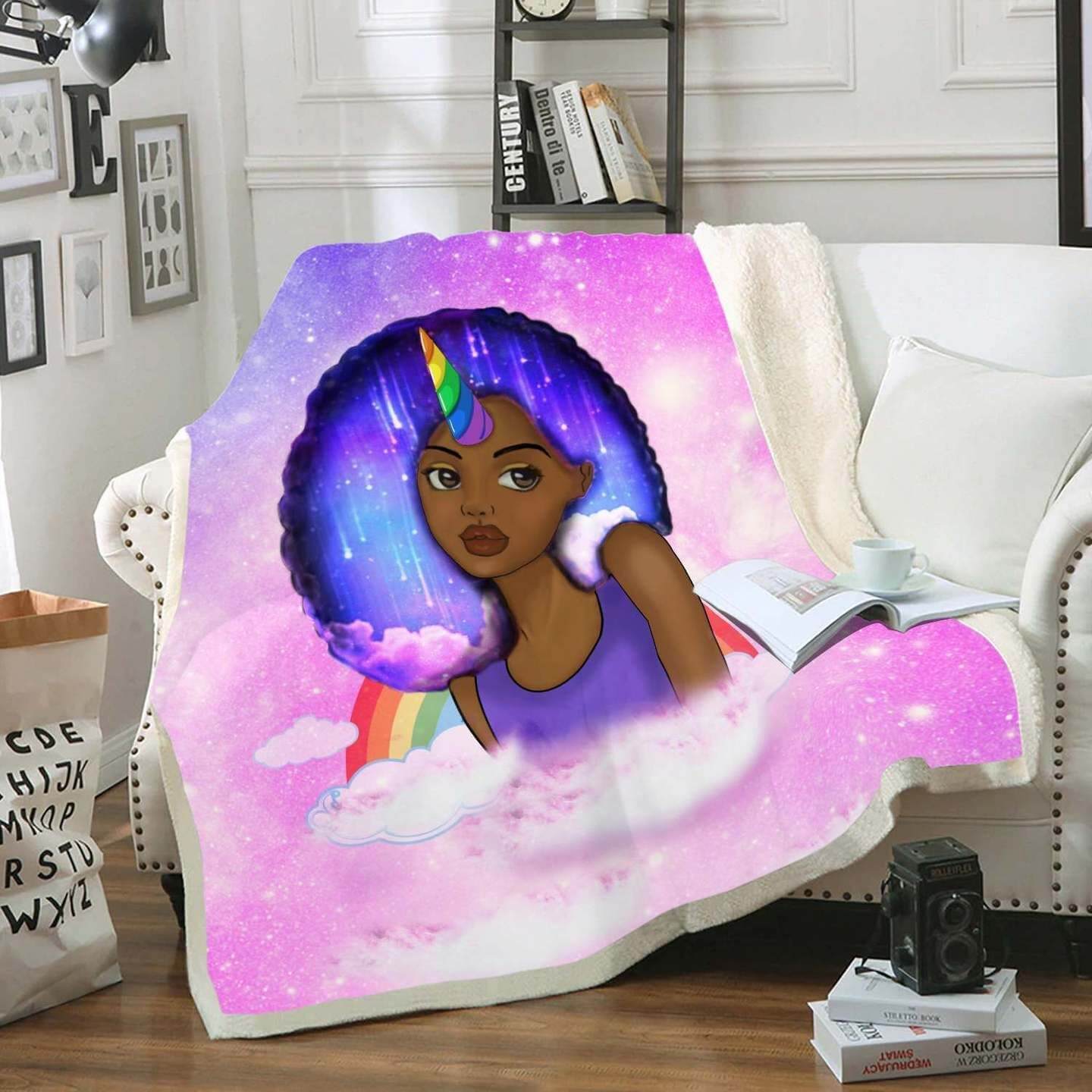 African American Blanket Art African Artwork Fleece Blanket Afro Natural Unicorn Black Girl Fleece Blanket