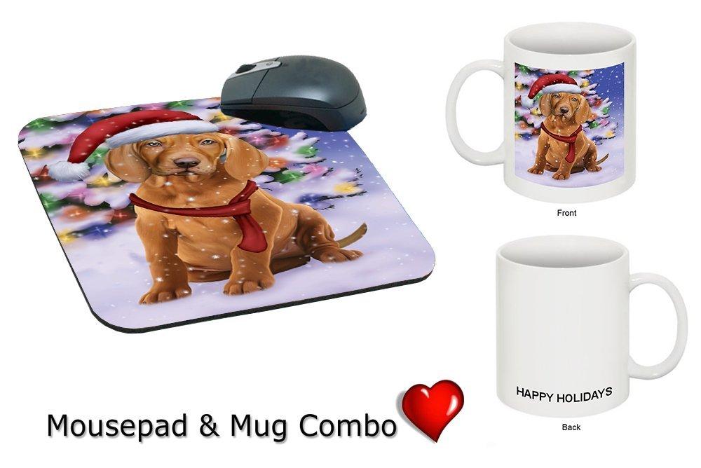 Winterland Wonderland Vizsla Puppy Dog In Christmas Holiday Scenic Background Mug & Mousepad Combo Gift Set