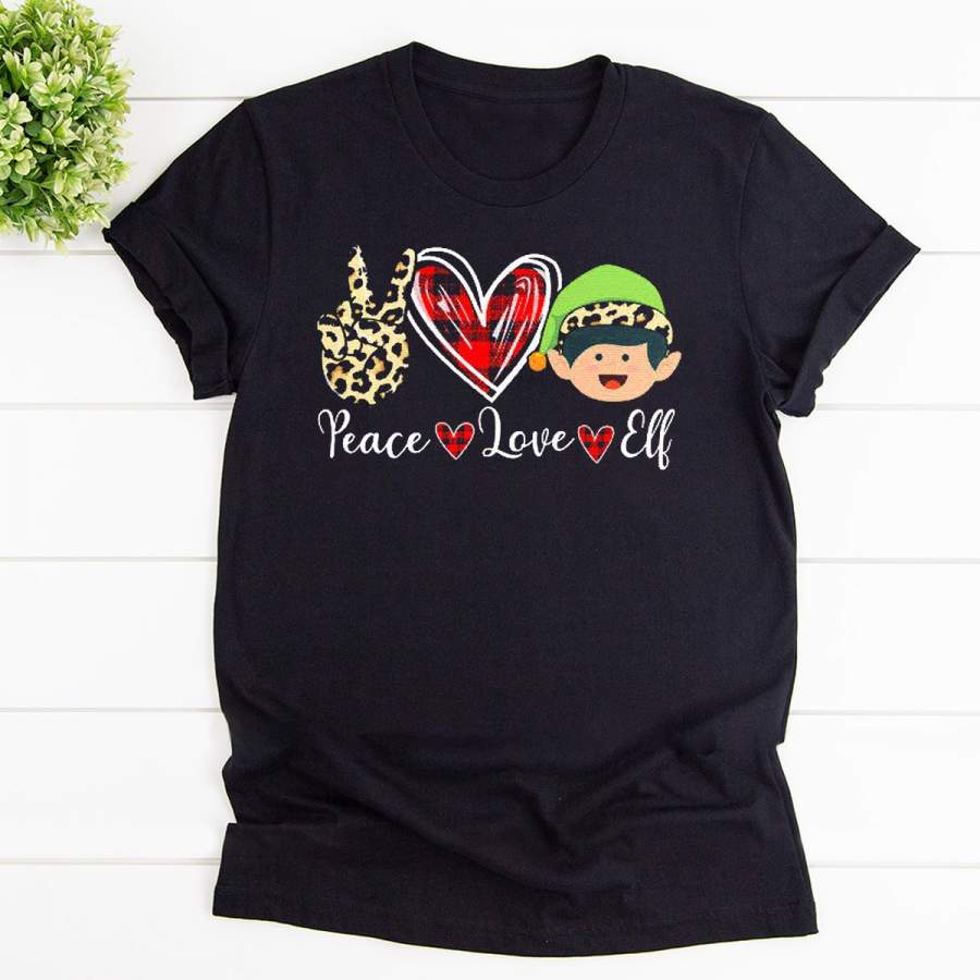 Christmas peace love elf leopard red plaid pattern merry christmas 2020 black cotton t shirt for men and women S-6XL