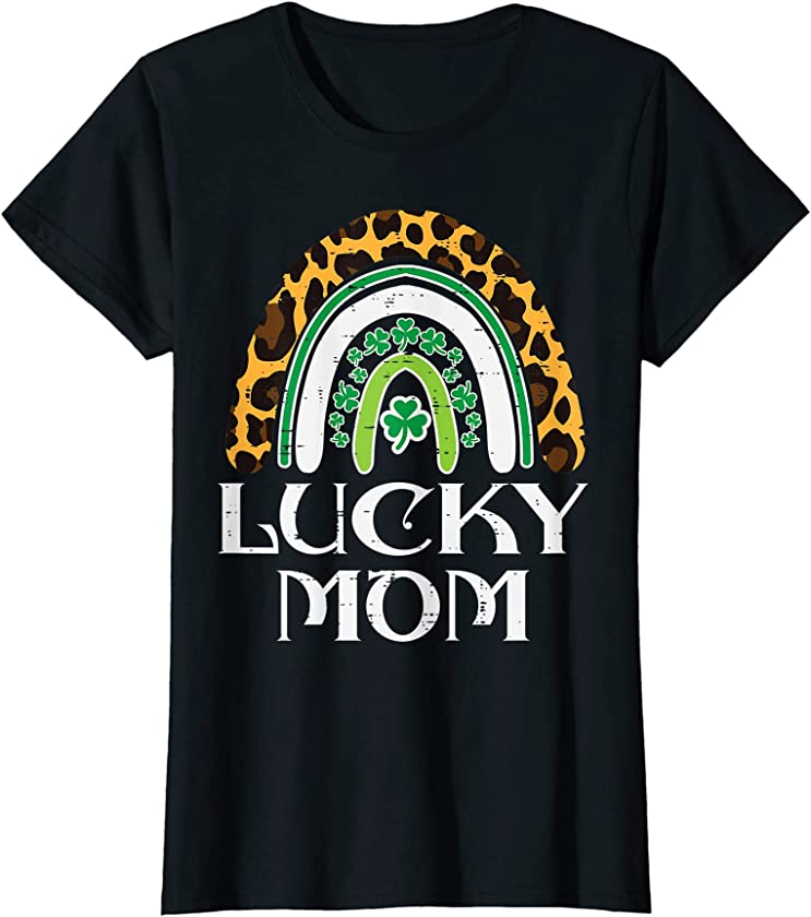 Womens Leopard Boho Rainbow Shamrock Lucky Mom St Patricks Day Mama T-Shirt