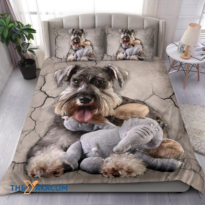 Miniature Schnauzer And Elephant Baby Set Comforter Duvet Cover With Two Pillowcase Bedding Set