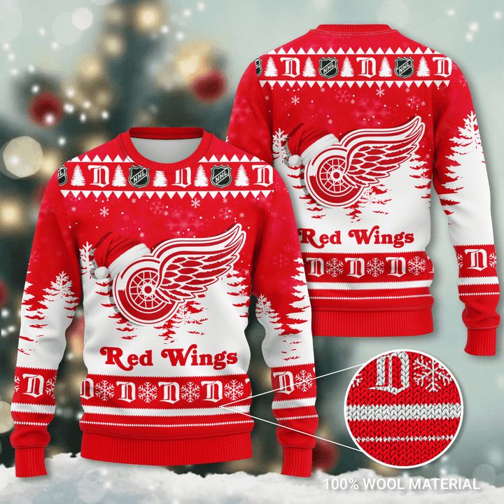 Detroit Red Wings Stanta Hat Snowflake Gift For Fan Ugly Wool Sweater Christmas