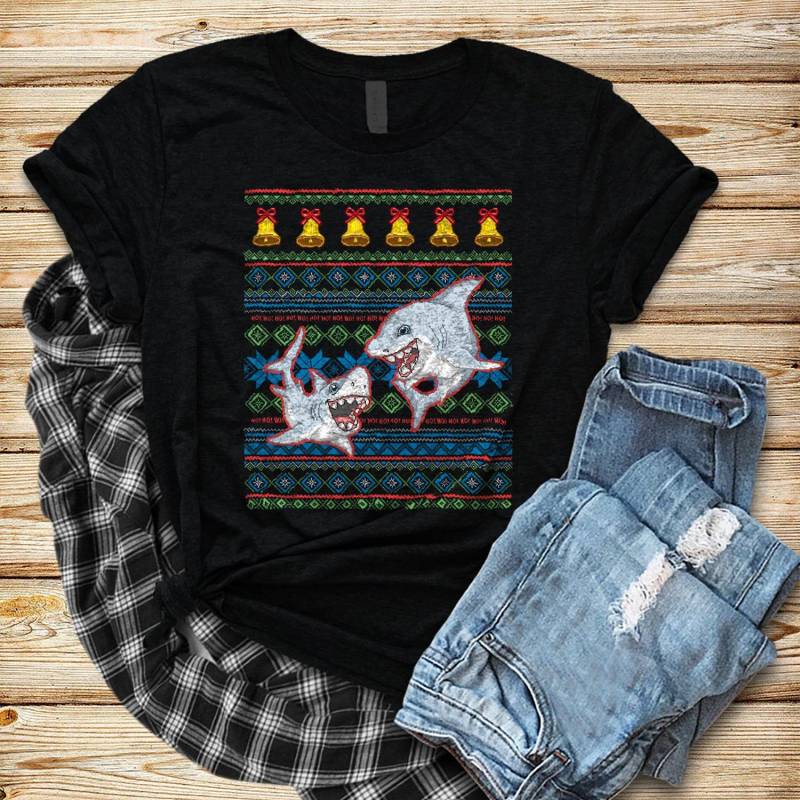 Crushtee Shark Ugly Christmas Shirt, Shirt, Tank Top, Hoodie, Christmas Sweater, Ugly Christmas, Ugly Sweater, Funny Shark Shirt, Tacky Sweater Party Long Sleeve Hoodie