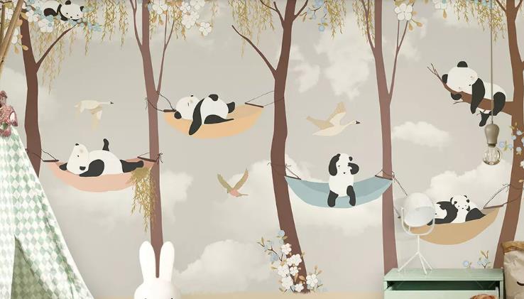 3D Hand Drawn Sky Forest Animal Panda Wall Mural Wallpaper Lqh 300