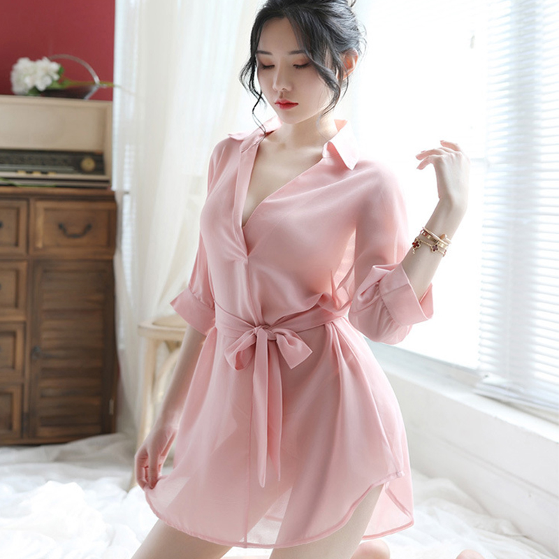 Women Drape Feel Noble Lingerie Sleepwear Lady Comfortable Robe Nightgown Underwear Belt V Neck Semi Sheer Night Babydoll Dress alx