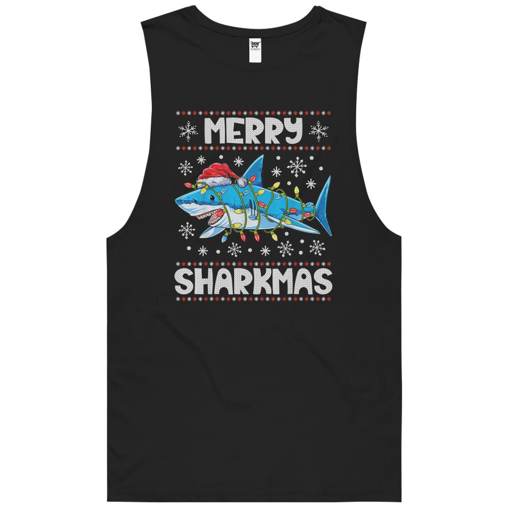 Merry Sharkmas Shark Santa Ugly Christmas Lights Boys Xmas Tank Top T-Shirt