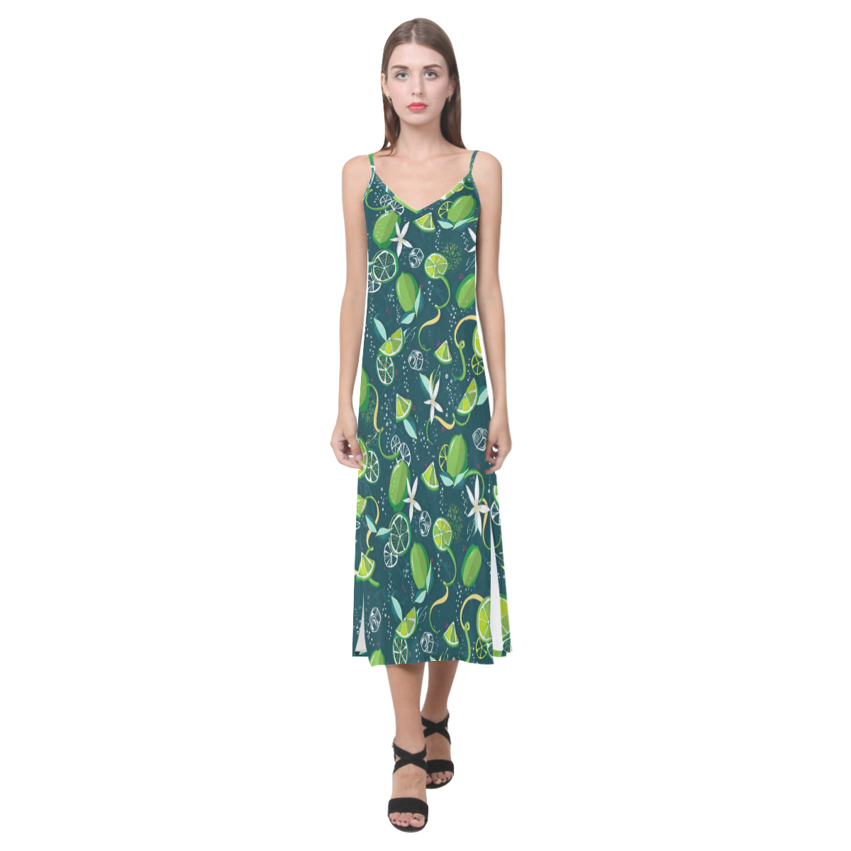 Lime ice flower pattern V-Neck Open Fork Long Dress