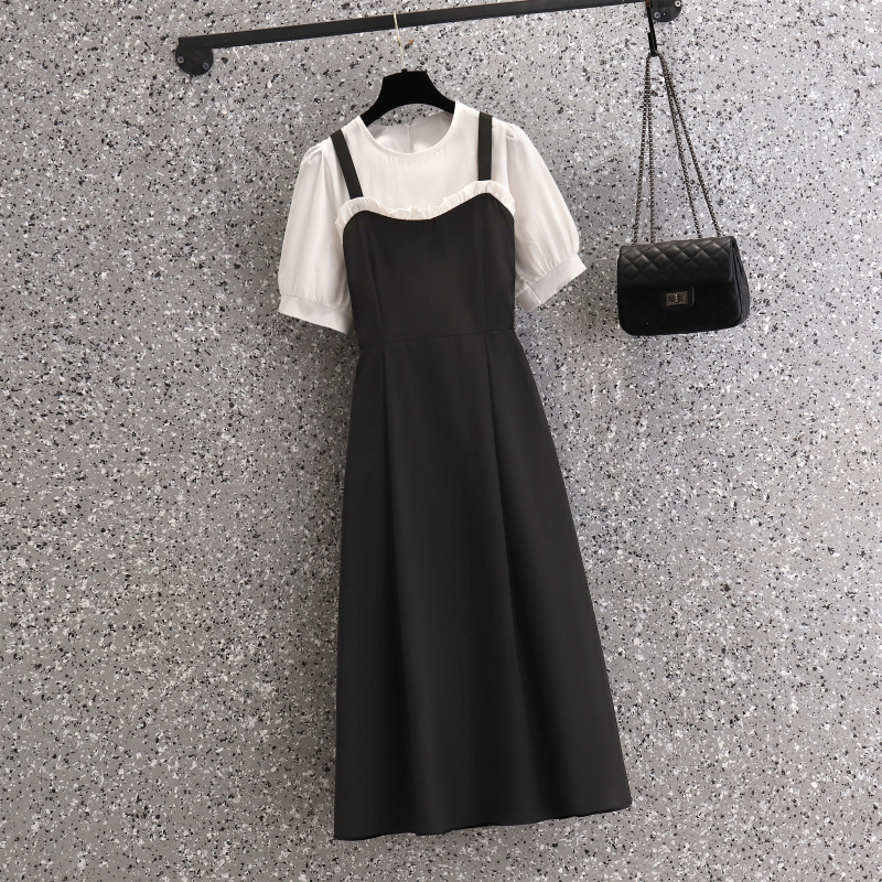 2022 Korean Vintage Hepburn Matching Dress Sets Summer White Short Sleeve Chiffon Shirt+Black Ruffled Sling Dress Two Piece Sets alx