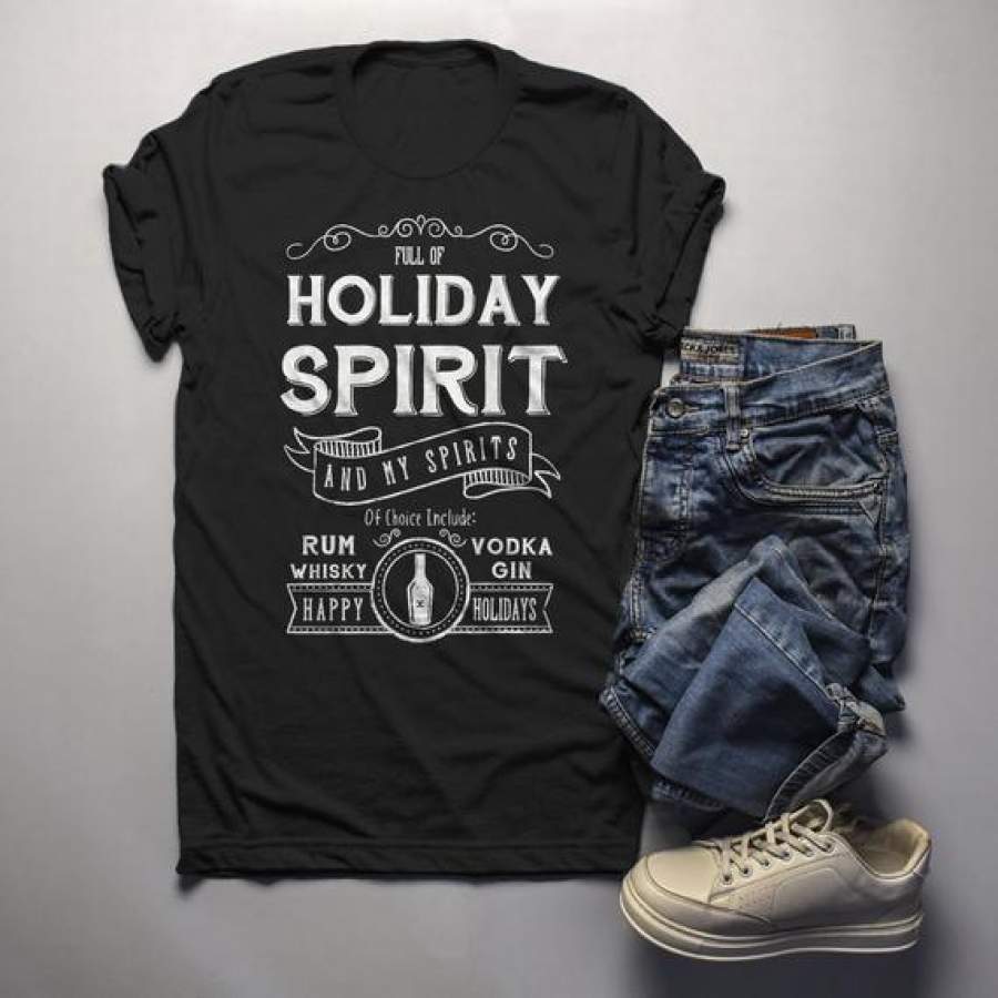 Men’s Funny Holiday Spirit T Shirt Drinking Vodka Hilarious Christmas Shirt Gin Rum Vintage Tee