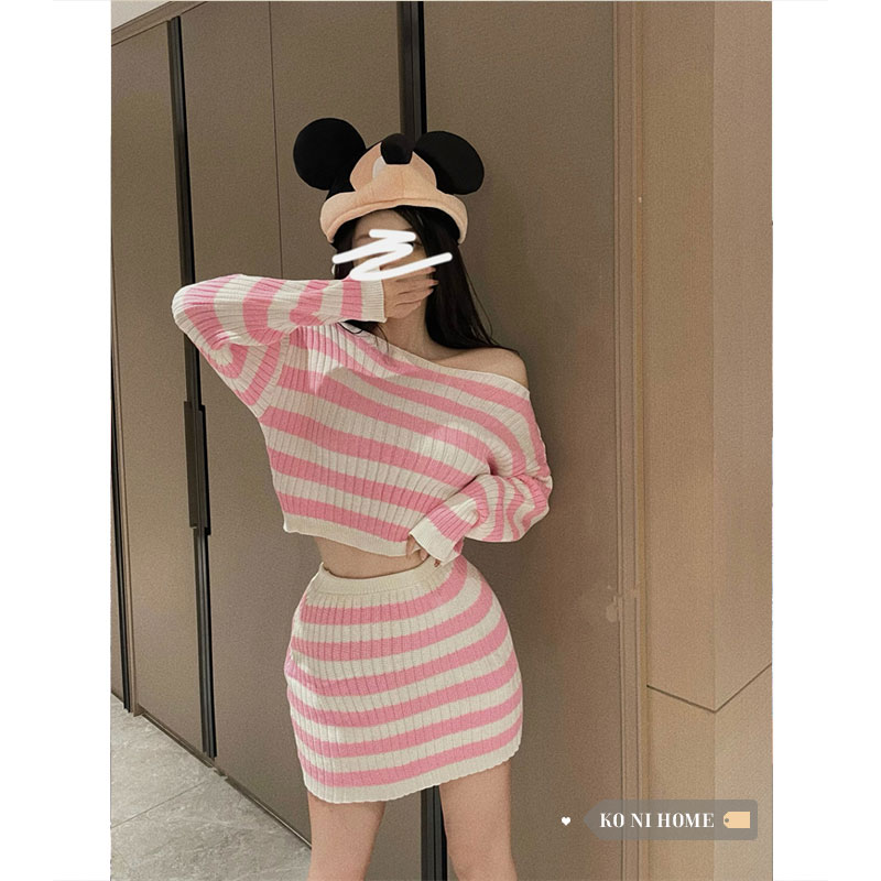 Two Piece Sets Womens Outifits Korean Slim Fit Striped Sweater Hip Wrapped Short Skirt Womans Clothes for 2022 Autumn Skirt Sets alx