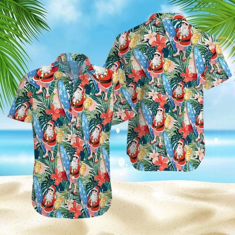 Christmas Santa Claus Surfing Funny Hawaii Aloha Shirts Ha26492